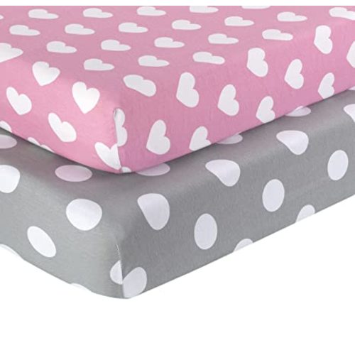 2 Pack Fitted Crib Sheets for Girls in 100% Jersey Knit Cotton – Baby Girl Crib Mattress Sheets in Pink and Purple Heart and Polka Dot Designs by Everyday Kids; Sweet Baby Girl Nursery Theme