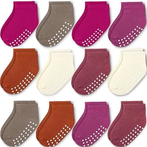 JAKIDAR 12 Pair Baby Toddler Socks Non-Slip Grip Cotton Ankle Socks for Boys Girls Non Skid Soles for Infants Kids