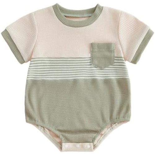 VISGOGO Unisex Baby Boy Girl Striped Romper Waffle Short Sleeve Bubble Oversized Romper Bodysuit Summer Clothes