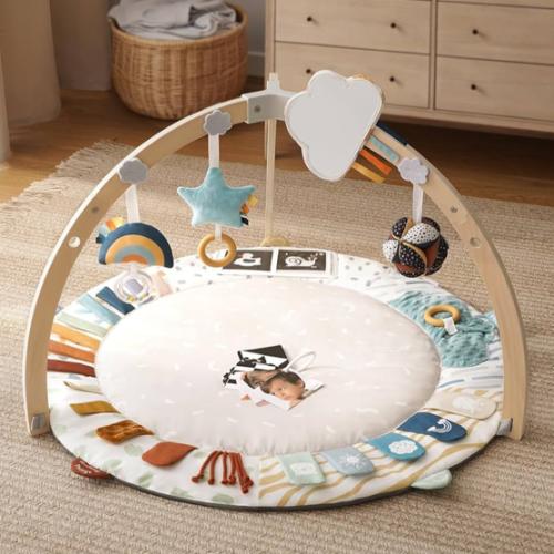 Blissful Diary Baby Play Gym & Activity Mat, 5 Developmental Zones Wooden Tummy Time Mat with 5 Detachable Sensory Toys for Motor Skills & Sensory Development, Baby Essentials Shower Gift
