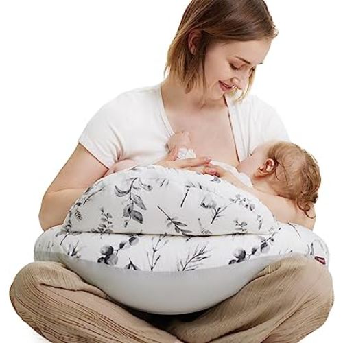 Momcozy Original Standard Size Nursing Pillow, Ergonomic Breastfeeding Pillows with Security Fence for Baby, Adjustable Waist Strap and Removable Cotton Cover, Ink Painting