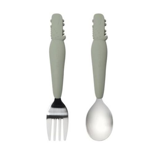Loulou Lollipop 2pk Kids' Spoon/Fork Set - Alligator: Silicone & Stainless Steel Baby Utensils, Sage Green