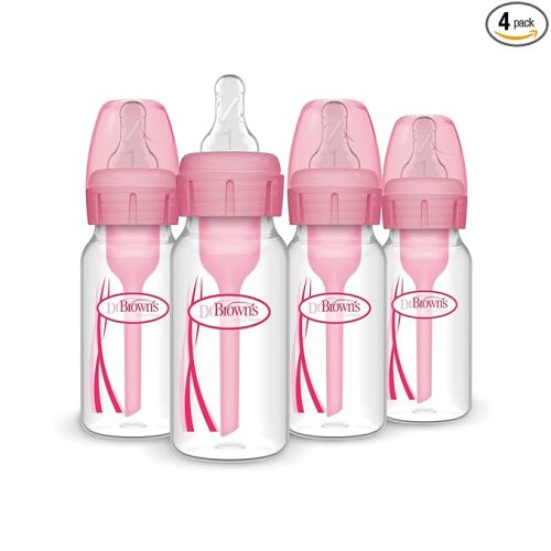 Dr. Brown's Natural Flow Anti-Colic Options+ Narrow Baby Bottle, 4 oz/120 mL, with Level 1 Slow Flow Nipple, Pink, 0m+, 4 Pack