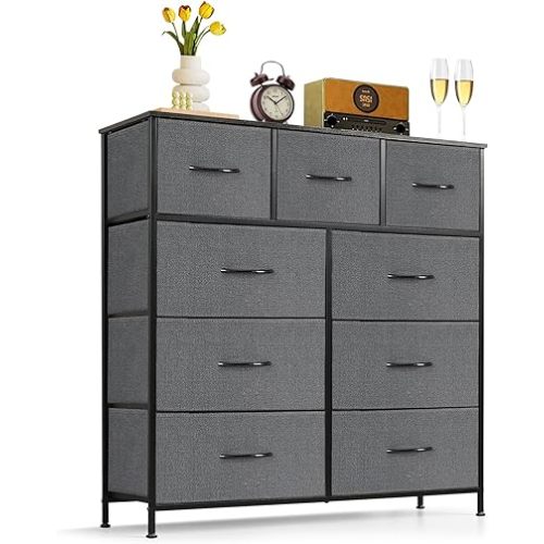 9-Drawer Dresser for Bedroom, Anti-Tip Tall Storage Organizer Chest of Drawers with Wooden Top and Metal Frame Fabric Bins for Closet, Living Room, Hallway, Entryway, Gray
