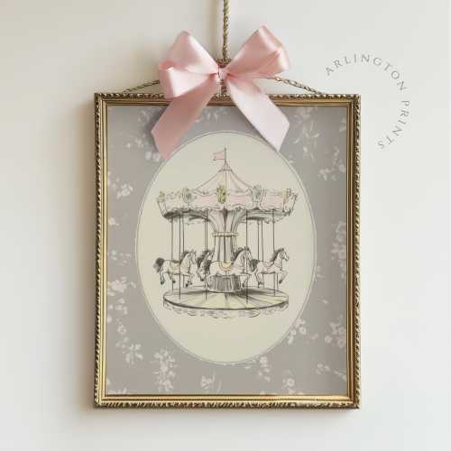 Carousel Nursery Art Print, Pink Grandmillenial Nursery, Printable Coquette Room Decor, Whimsical Print for Kids Room and Playroom | TA17