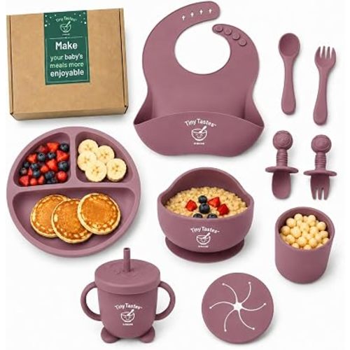 10-Piece Silicone Baby Feeding Set – Baby Led Weaning Supplies with Suction Plate & Bowl, Adjustable Bib, Snack Cup, Spoons & Fork, BPA-Free Baby Feeding Essentials for Toddlers