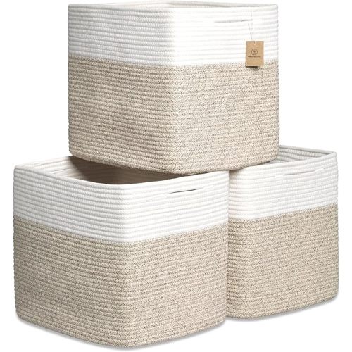 NaturalCozy 13x15x13 Kallax Storage Cubes Bins, 3 Pack | Cotton Rope Cube Storage Bin Woven Baskets for Organizing | Kallax Insert Storage Baskets for Shelves Organizer, Kids Toy, Closet Baby Nursery