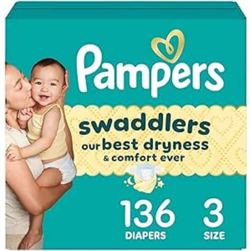 Pampers Swaddlers Diapers, Size 3 (13-26 lbs), 136 Count, Absorbent, Keeps Baby Dry and Comfortable, Skin Safe Disposable Baby Diaper (Packaging May Vary)