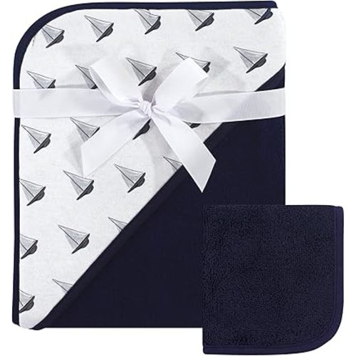 Hudson Baby Unisex Baby Cotton Hooded Towel and Washcloth, Sailboat, One Size