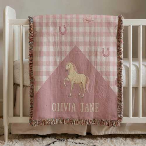 Personalized Cowgirl Horse Woven Blanket, Western Baby Girl Name Throw, Pink Gingham Nursery Gift Rodeo Keepsake Decor