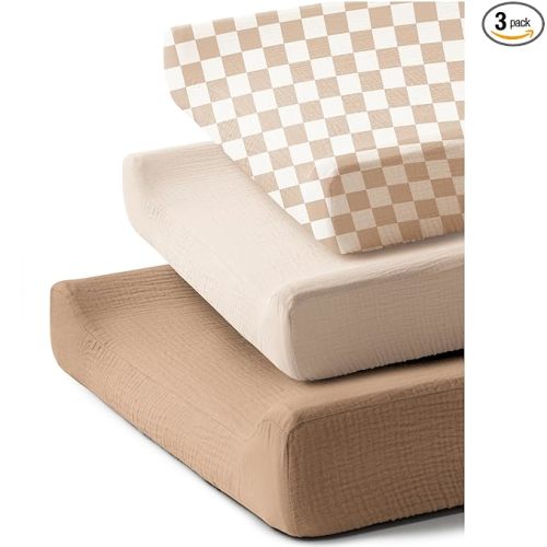 Coreeky 3 Pack Muslin Changing Pad Covers for Girl Boy, 100% Soft Cotton Changing Table Cover, Breathable Baby Nursery Diaper Chang Pad Sheets (Milky Coffee)