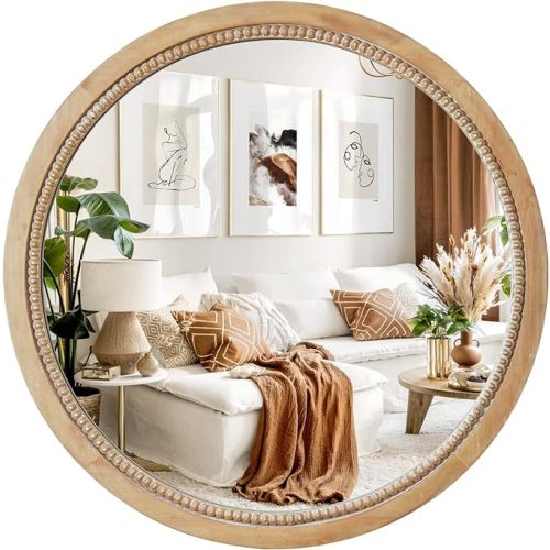 sawsile Round Wood Mirror,28 inch Circle Rustic Farmhouse Natural Wooden Frame Boho Beads Wall Mirror for Bathroom,Living Room,Bedroom or Entryway