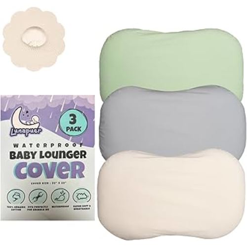 100% Waterproof Baby Lounger Cover - 2-Ply Organic Cotton Slipcovers Keep Your Lounger Clean & Your Baby Comfy - Machine Washable - (Lounger Not Included) - 3-Pack Includes Gray, Off-White & Sage