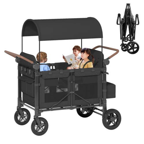 TABU Stroller Wagon for 4 Kids,4 Seater Stroller Wagon with Adjustable Handles,5-Point Harnesses,Black