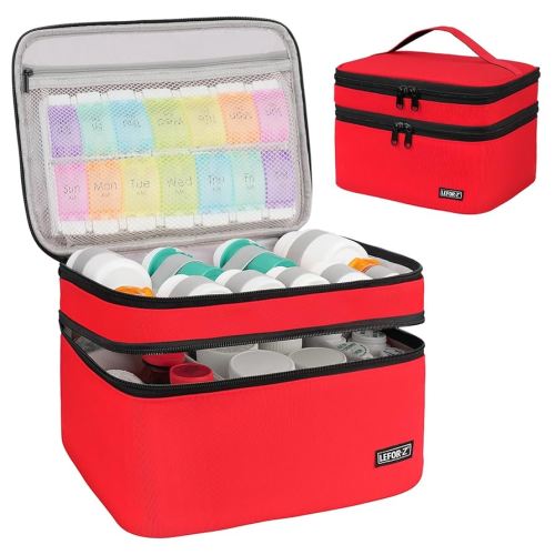 Medicine Storage Bag,Double Layers Pill Bottle Organizer Bag Empty with Lockable Zipper&Adjustable Divider,Medication Travel Carrying Bag for Pills,Vitamins,Medical Supplies,Red