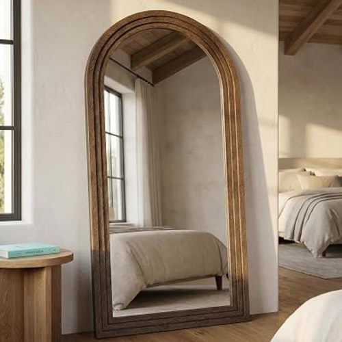 71x32 Inch Arched Full Length Mirror with Solid Wood Frame Wall Mounted Floor Mirror, Vertical Hanging Leaning Standing Mirror for Living Room, Bedroom, Entryway, Brown