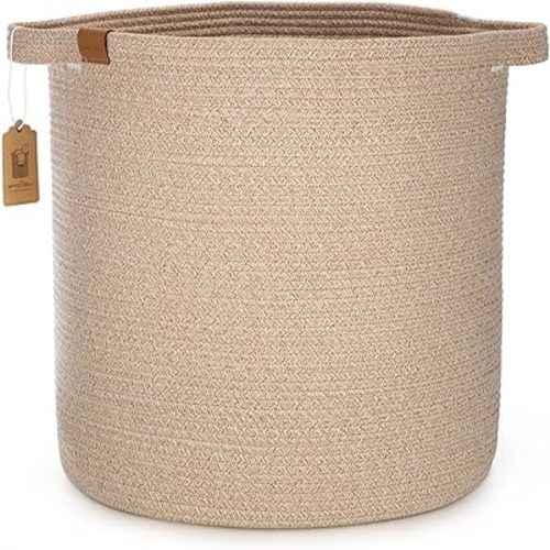 Woven Storage Basket, 56L Tall Laundry Baskets Hamper, 16x18 in Cotton Rope Basket for Toy, Pillows, Clothes, Blanket Basket with Handles for Living Room Bedroom Nursery Light Brown