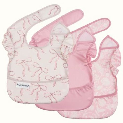 Tiny Twinkle Mess-Proof Baby Bibs | Waterproof, Wipeable Toddler Bibs with Catch-All Pocket | Feeding Bibs for Girls & Boys (3pk - Toile and Bows)