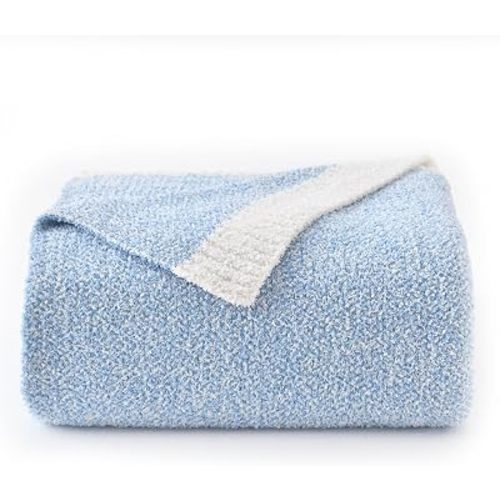 Chunky Knit Boucle Throw Blanket, Soft Washable Coastal Blanket for Bed Couch, Lightweight Cozy Oversized Feather Knit Blanket Indoor Outdoor for Sofa (Blue, Throw 50"x60")