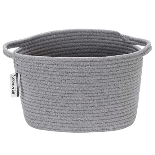 Sea Team Storage Basket, Woven Cotton Rope Basket with Handles, Yellow | Knitted Fabric Organizer Bin for Closet Shelf Organization and Organizing Solution, 14.2 x 9 x 11.4 Inches