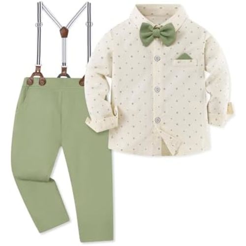 Toddler Baby Boy Clothes Suit 12M-7Y Boys Wedding Formal Outfit, Dress Shirt+Bowtie+Suspender Pants Gentleman Outfits