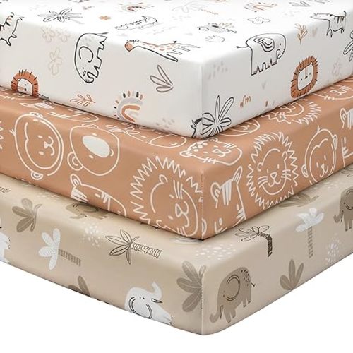 FIEMOL Baby Crib Sheets for Boys and Girls, 3 Pack Toddler Bed Sheets for 52”x28” Standard Toddler Mattresses, Soft Microfiber Fitted Crib Sheets Neutral Orange Animal World