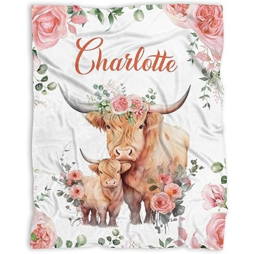 Custom Baby Name Highland Cow Blanket Gifts Personalized Cow Print Baby Blanket for Boys Girls Super Soft Swaddle Blanket Newborn Receiving Blanket 40x30 in