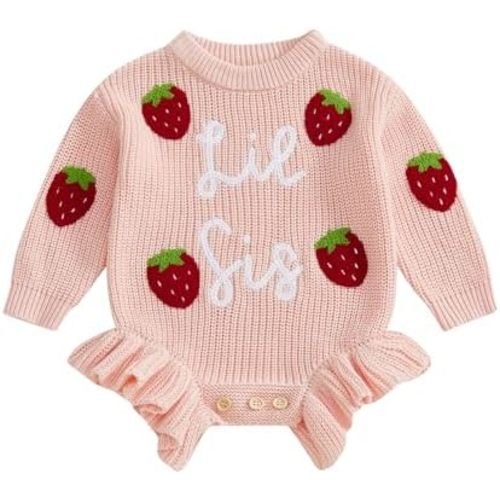 Little Sister Newborn Outfit Baby Girl Knit Sweater Romper Strawberry Embroidery Onesie Cute Fall Winter Clothes
