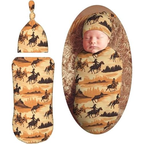 Desert Wild West Cowboys Newborn Swaddle Blankets Hat Sets Soft Baby Receiving Blanket Swaddle Sack for Baby Shower Infant Boy Girl Gift