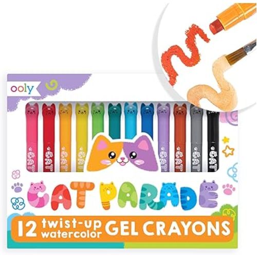 Ooly Cat Parade Gel Crayons for Kids and Adults - Set of 12 Rainbow Color Crayons for Glass and Paper Surfaces with Cat-Shaped, Twist-Up Caps - Smooth Gliding Gel Crayon Set