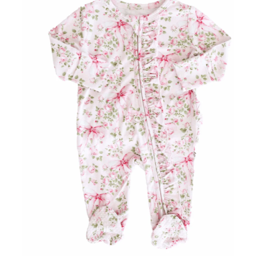 Coming Home Outfit - Bows in Bloom Ruffle Zipper Footie - Size Newborn