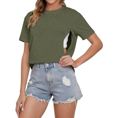 Comfort Breastfeeding Shirts for Women Zip Nursing Tops Causal Distressed Acid Washed Maternity Tees