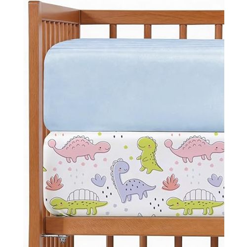 Baby Crib Sheets for Boys & Girls - Pack of 2 Fitted Microfiber Crib Sheets for Standard Crib & Toddler Mattress - Soft, Breathable and Wrinkle Free - Machine Washable - Oeko Tex - 52x28x8in - Dinos