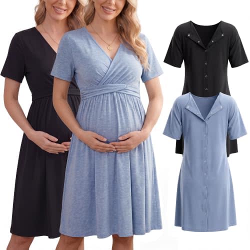 Cutecrop 2 Pack Labor and Delivery Gown for Hospital Maternity Nursing Dress Nightgown Button Back Birth Recovery Sleepwear