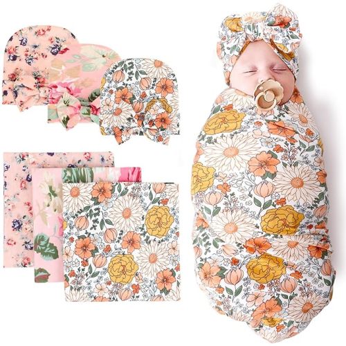 DRESHOW BQUBO Newborn Floral Receiving Blankets Newborn Baby Swaddling Hats Sleepsack Toddler Warm Shower Gift 3 Pack