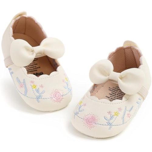 Baby Girls Mary Jane Flats with Bowknot Floral Princess Wedding Dress Shoes Soft Newborn Infant Crib First Walkers Prewalker