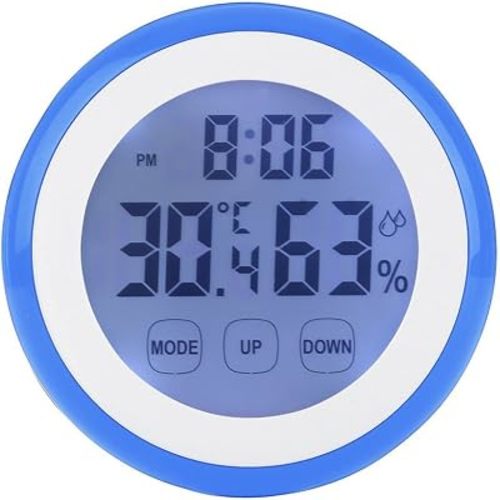 Digital Indoor Temperature Hygrometer Weather Station LCD Clock-Cute Touch Screen Wall Mount Time Kids Alarm Clock for Living Room with Magnet On Back-Blue