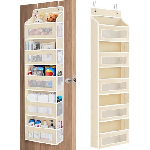 JARLINK Over the Door Organizer for Bedroom, Pantry Bathroom, 5 Shelf Beige | Anti-Tilt Design, 44 lb Load Capacity, Hanging Door Organizer with 5 Large Capacity Pockets, Behind Door Storage for Nursery
