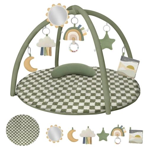 Baby Play Gym Mat, Tummy Time Mat with 6 Detachable Toys for Stage-Based Sensory & Motor Skill Development, Baby Activity Mat Easy to Install & Clean, Baby Essentials Gift, Checkboard Green