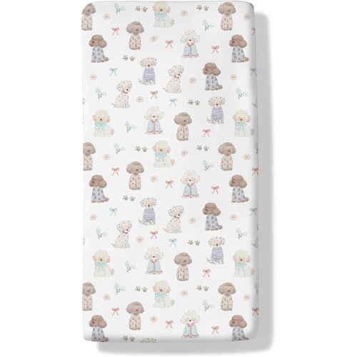 Cute Dogs Paws Bows Baby Boys Girls Crib Sheets Watercolor Puppy Flowers Toddler Bedding Bed Sheets Dog Pet Animal Lover Gift Fitted Crib Mattress Cover for Standard Crib Mattress 28x52 in
