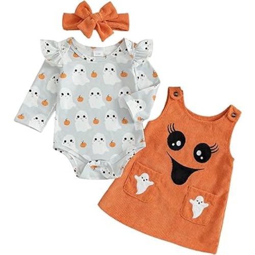 Adobabirl My First Halloween Baby Girl Outfit Pumpkin Ruffle Long Sleeve Romper Overall Dress Headband Cute Fall Clothes