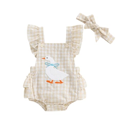 Newborn Western Clothes Goose/Duck Print Romper Ruffle Sleeveless Bodysuit with Headband Baby Farm Outfit