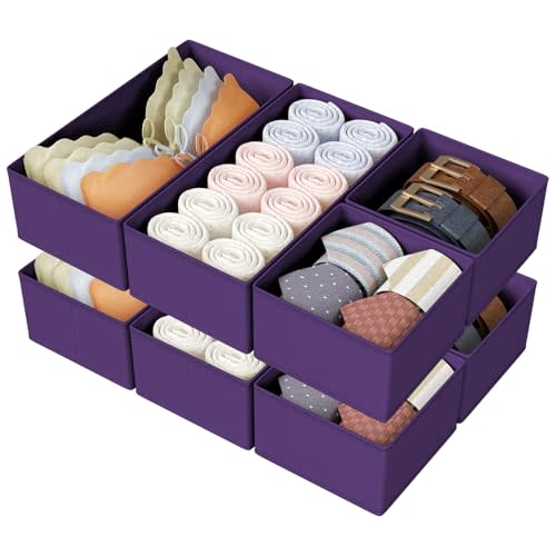 DIMJ Drawer Organizers Clothes, Set of 8 Dresser Organizer Bins, Fabric Closet Organizers and Storage, Shallow Drawer Dividers for Nursery, Clothing, Baby Clothes, Socks, Underwears, Tie (Purple)
