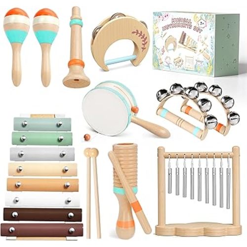 Toddler Musical Instruments-Musical Toys Montessori Wooden Toys for Toddlers 1-3 , Baby Musical Instruments with Modern Boho Xylophone Toddler Toys with Storage Bag for Kids Preschool Educational 3+