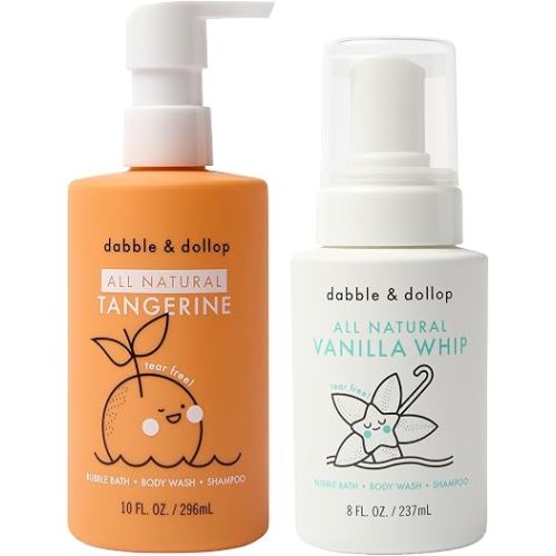 Dabble & Dollop Tangerine + Vanilla Kids 3-in-1 Body Wash, Shampoo & Bubble Bath Bundle – Gel + Foam Whip Set, Tear-Free, Gentle, Natural-Origin, Hypoallergenic and Safe for Sensitive Skin (Pack of 2)