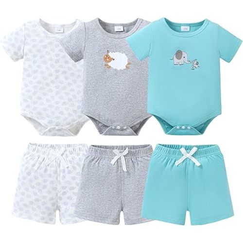 Jecson Newborn Boy Clothes Baby Boy Outfits Summer Set 6-Piece Cotton Short Sleeve Top and Shorts for 0-18M
