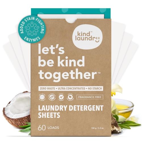 Kind Laundry Detergent Sheets with Stain-Fighting Enzymes - Plant Powered Eco-Friendly Laundry Soap Sheets - Home or Travel Laundry Detergent Fragrance Free, 60 Loads (Mom's Choice Award Winner)
