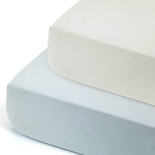 GRSSDER Soft Muslin Crib Sheet 2 Pack, 100% Cotton Crib Sheets for Boys and Girls, Fit Standard Crib Mattresses 52" x 28" Safe and Snug, Light Gray/Light Blue