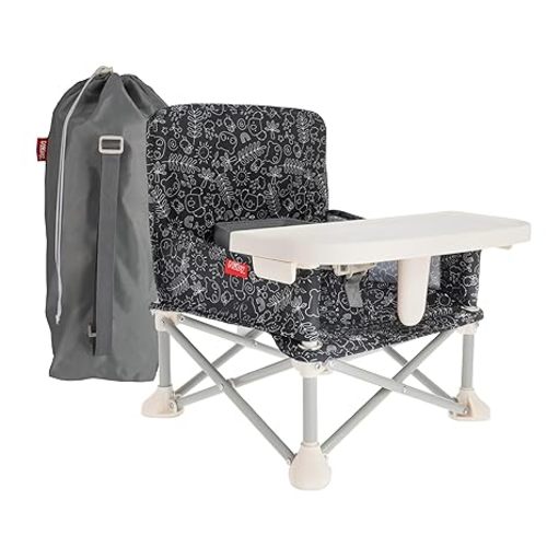 Nuby Pop-Up Booster Seat with Removable Tray - 6+ Months - Portable Booster Seat for Floor for Indoor/Outdoor Use - 3-Point Safety Adjustable Straps - Summer Travel Essentials - Safari