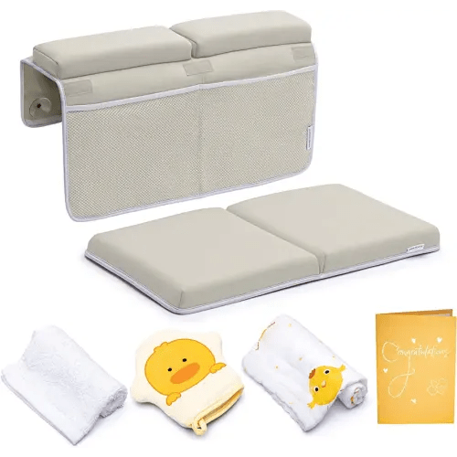 Bath Kneeler with Elbow Rest Pad Set, 1.75 inch Thick Kneeling Pad and Elbow Support for Knee Arm Support, Large Bathtub Kneeling Mat with Toy Organizer for Happy Baby Bathing Time, Beige